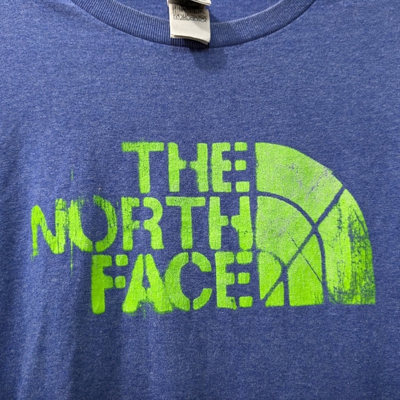 The North Face Blue Short Sleeve with Neon Green Logo, Mens Large - Picture 2 of 6